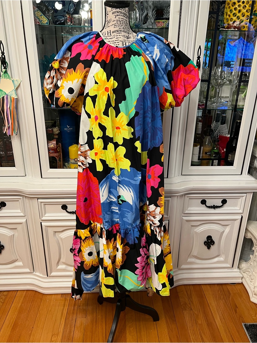 Vibrant Multicolor Floral Hi-Low Dress with Puff Sleeves L - Picture 6 of 15